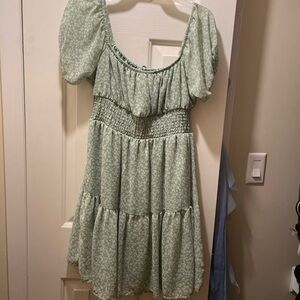 Green and White Floral Off The Shoulder Dress